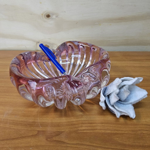 Vintage grote roze kristallen asbak/schaal (Muranoglas) (Val Saint Lambert) cranberry kleur