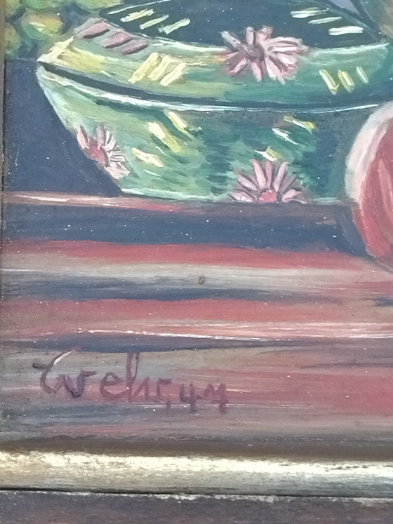 Pintura al óleo antigua sobre tabla - Naturaleza muerta 1947 – Firmada WEHR – Pinturas y dibujos, Wood (photo 3 of 9)