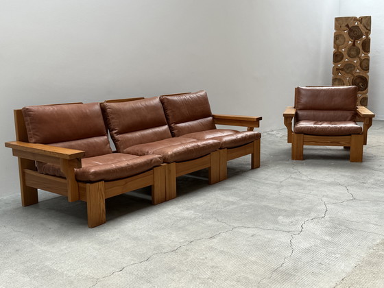 Image 1 of MODULAIRE STOEL SOFA SER PIEF HOUT MASSIEF COGNAC LEATHER IN KARIN MOBRING STIJL, SCANDINAVIA 1970