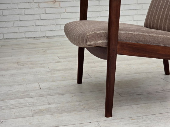Image 1 of Poltrona danese con schienale alto, anni '70, lana per mobili, legno di teak, originale.
