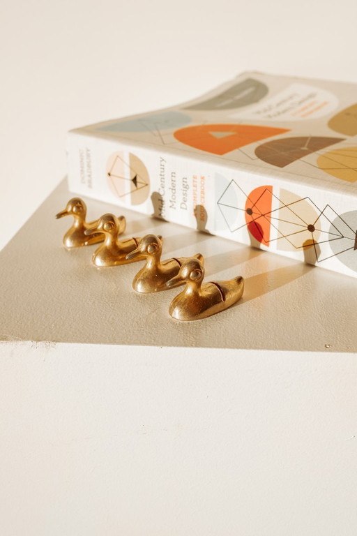 4x Brass vintage name card holders ducks
