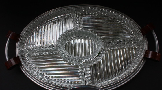 Image 1 of Decorative cabaret, pressed glass serving dishes on a mirrored tray, Art Deco