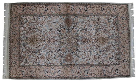 Image 1 of Handgemaakt vintage zijden Indo-Tabriz tapijt 3.2' x 5.3' (100cm x 162cm) jaren 1950 - 1C469