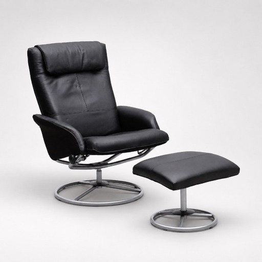 IKEA leren draaibare fauteuil met voetenbank — Verstelbare Scandinavische loungestoel