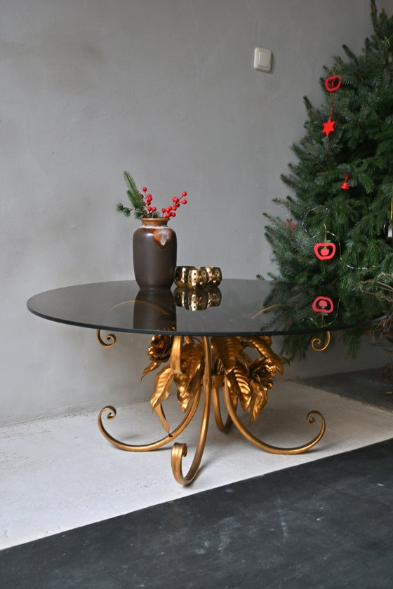 Image 1 of Coffee table with gilded metal flowers in the style of Hans Kögl