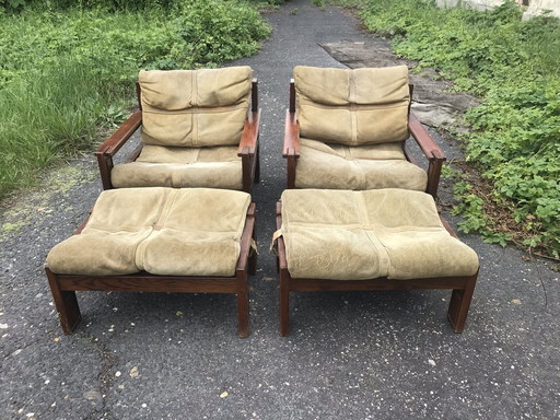 Holz- & Leder-Sessel mit Pouf, 4er-Set