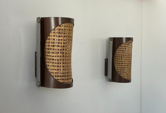 Image 1 of Pair of vintage sconces, cane and chrome, France 1970