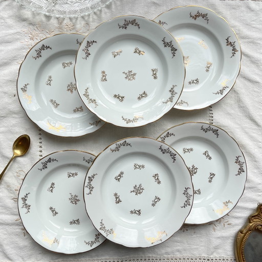 6 Assiettes Creuses en Porcelaine Blanche Dorée J&Ciem France 1950 Motif Floral