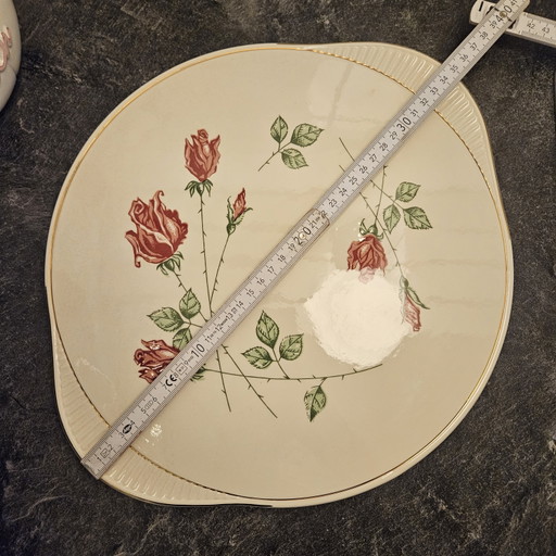 Plato para tartas, Vintage, Rosas, Borde dorado, Sin usar