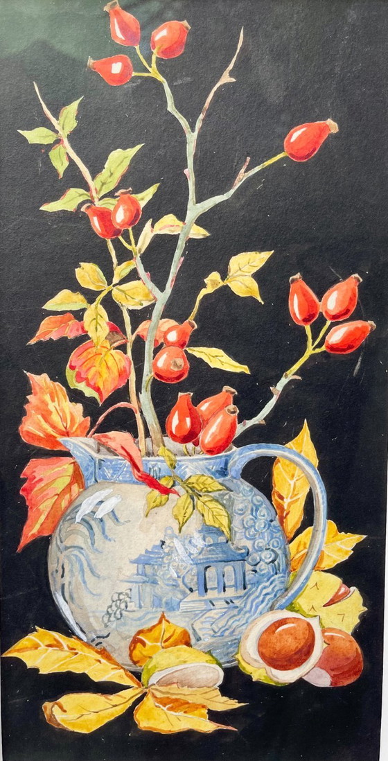 Image 1 of Herbststillleben, Aquarell mit schwarzem Rahmen