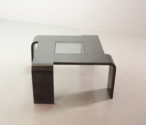 Square Ake Fribyter Style Black Lacquered Plywood Coffee Table with Smoked Glass Panel, 1970s.