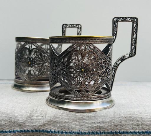 Juego de 2 portavasos de té vintage, 1950 – tafelaccessoires, Metal