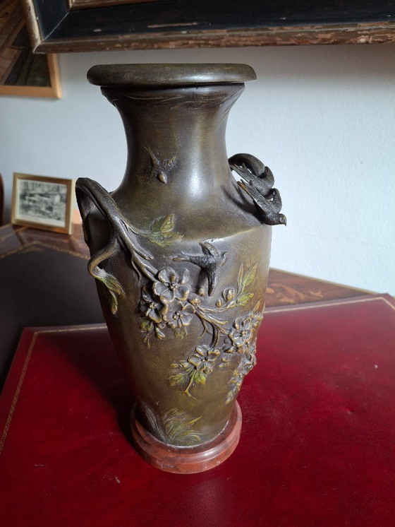 Image 1 of Pair of Art Nouveau spelter vases with triple patina, signed Louis and François Moreau