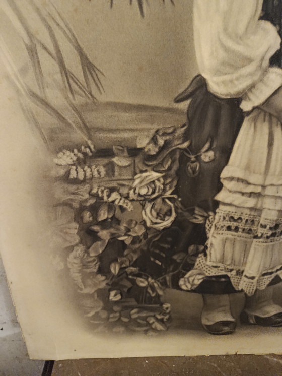 Image 1 of UNIQUE! XL charcoal drawing, antique, circa 1900, portrait of a girl with a fruit basket