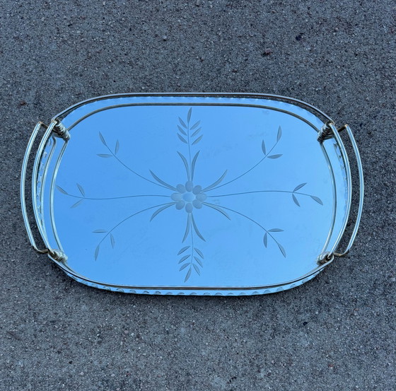 Engraved beveled mirror tray 50s, Decorative Objects, Glass, Chrome, Silver (photo 3 of 13)