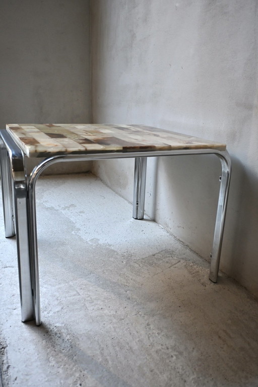 Vintage Jaren '70 Design Bijzettafel, Onyx Mozaïek & Chroom