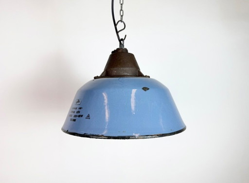 Industriële hanglamp van blauw emaille en gietijzer, jaren 60