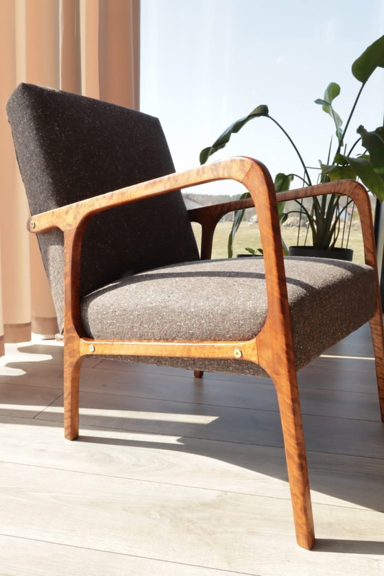 Image 1 of Mid-century fauteuil met cacao tweed bekleding, 1960, Polen