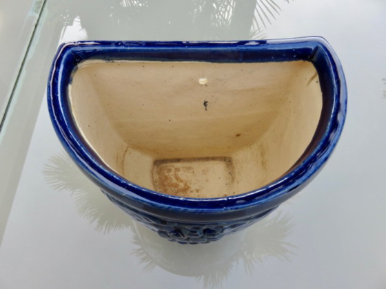 Image 1 of Wall-mounted flower pot with grape motif in glazed blue ceramic, 1970s