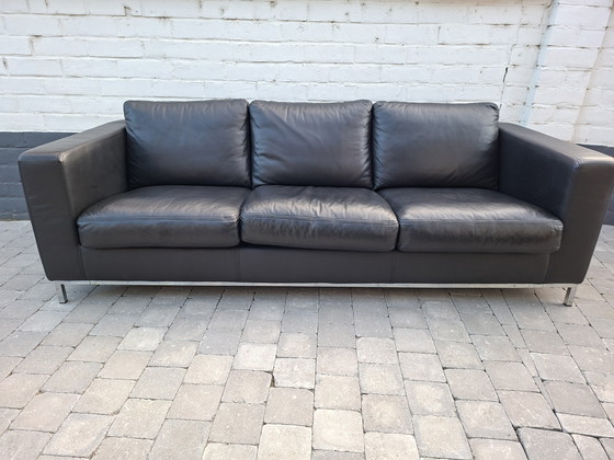 Image 1 of Grande divano vintage in pelle nera italiana Manzoni