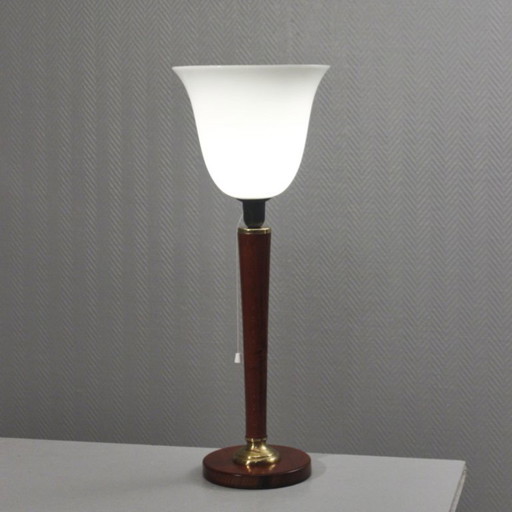 Lampe Vintage Type Mazda Bois Laiton & Opaline Design Art Déco XXème