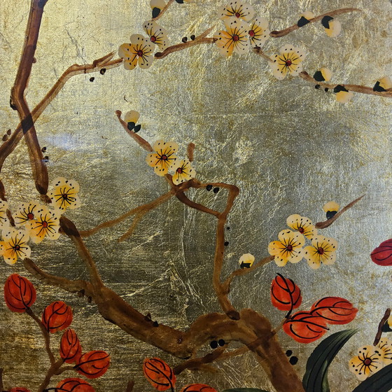 Image 1 of Vintage Chinese Kast Bladgoud / Bloemen en Vogels / Bohemian Kast / Aziatische Kast / Oosterse Kast