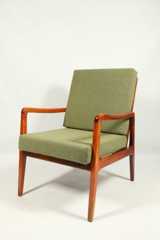 Image 1 of Mid Century Fauteuil Vintage Groen Boucle Kussen Houten Lounge Stoel, jaren 1980