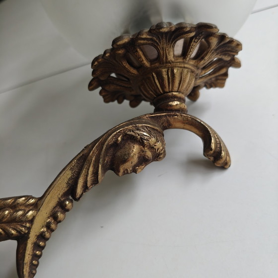 Image 1 of Vintage 3-Light Neo-Classical / Empire Style Chandelier – Ornate Brass Tone & Frosted Glass