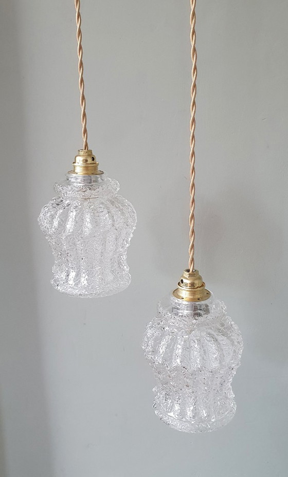 Image 1 of Set Van Twee Vintage Hanglampen Van Dik, Getextureerd Glas