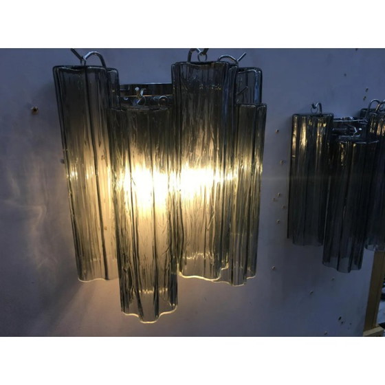 Image 1 of A Pair of Contemporary Murano Glass Wall Sconces in Gray Color With a Kromo Metal Frame, Mazzega Zuccheri Venini Barovier Style
