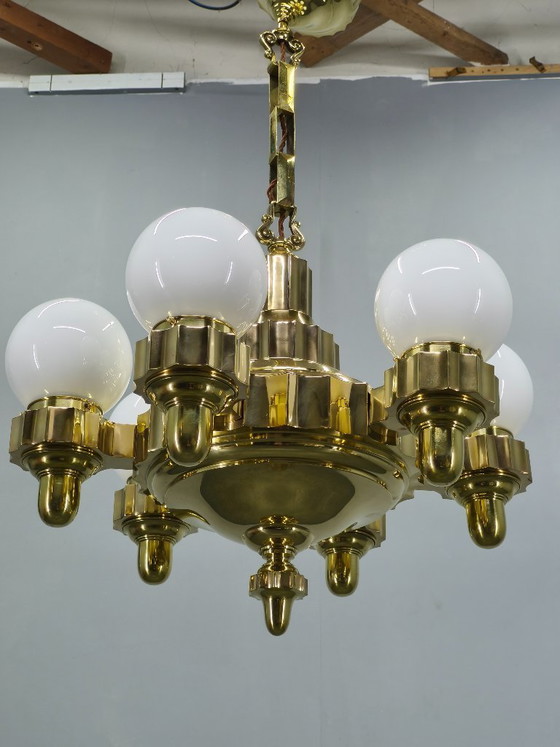 Image 1 of Lustre Art Déco tchèque en laiton à double position de bras, années 1930