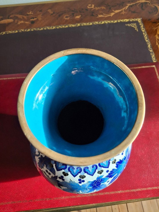 Image 1 of Grote cloisonné emaille vaas, 30,5 cm, intens blauw