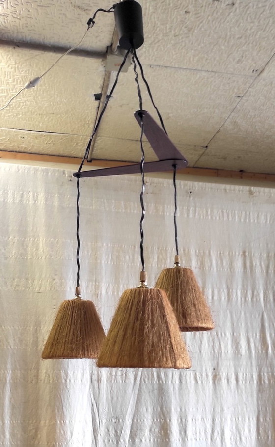 Image 1 of Hanglamp met drie lichtpunten in Scandinavische stijl, gemaakt van teak en sisal - jaren 60/70