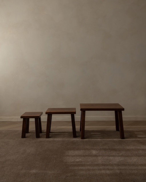 Vintage Brutalist Solid Oak Nesting Tables (Set of 3) – Dutch, 1970s