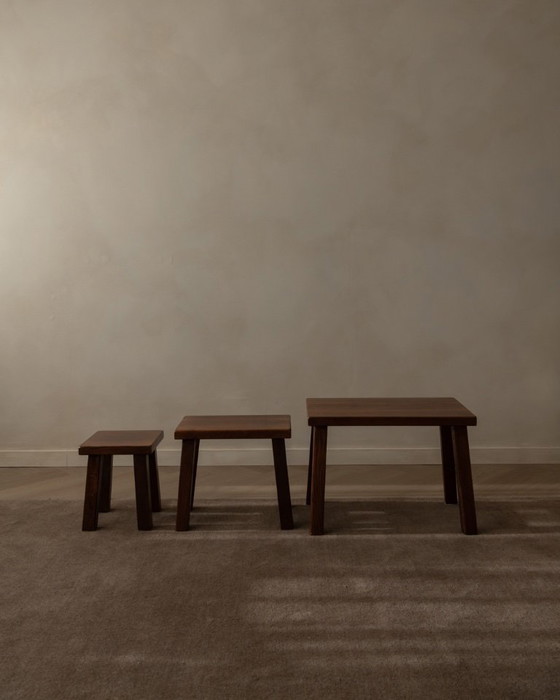 Image 1 of Vintage Brutalist Solid Oak Nesting Tables (Set of 3) – Dutch, 1970s