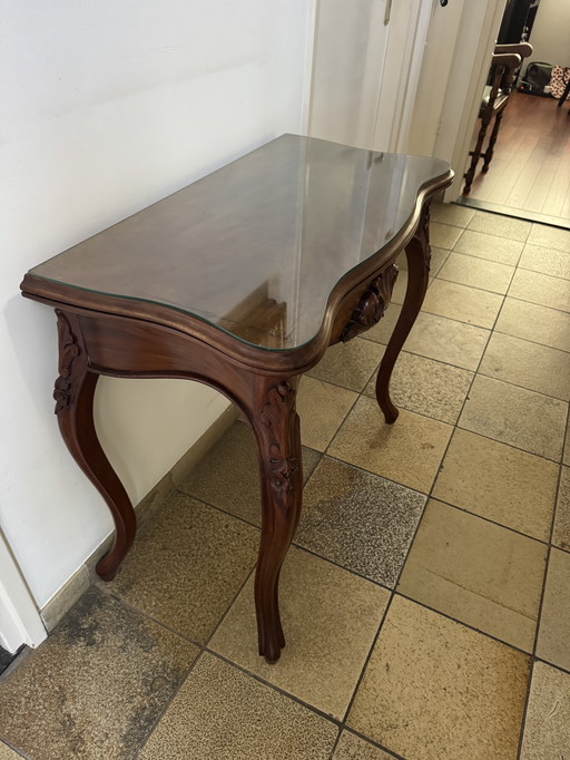 table à cartes ancienne avec plateau en verre (1880)