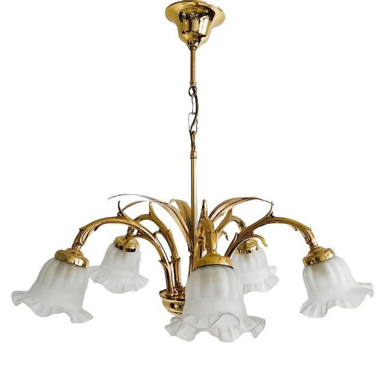 Image 1 of Lampadario vintage in ottone a sei bracci, metà secolo, con foglie di palma, Hollywood Regency, anni '70