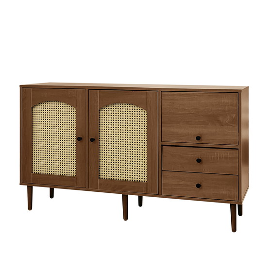 Image 1 of Urban Meuble buffetkast in vintage houtlook met rotan deuren, 2 deuren, 2 laden, 130 x 75,5 x 40 cm, CROLZOI