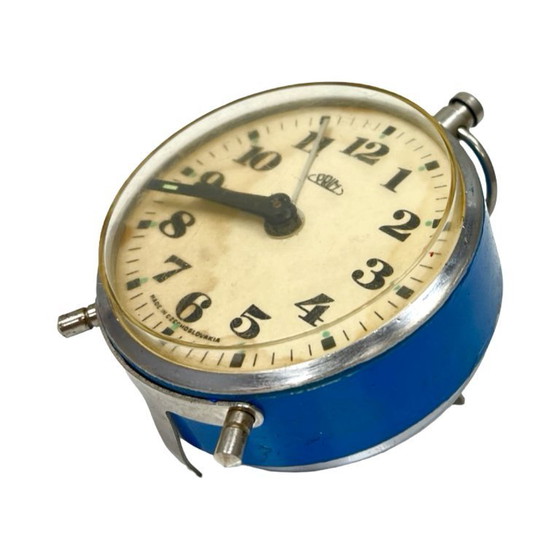 Image 1 of Blauer mechanischer Wecker mit PRIM-Griff, Tschechoslowakei, 1960er Jahre.