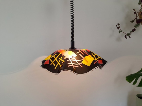 Image 1 of Vintage 1980s Memphis Design Pendant Light / Postmodern Geometric Pull Down Lamp / Roly Poly Spiral Cable Chandelier / Retro Era