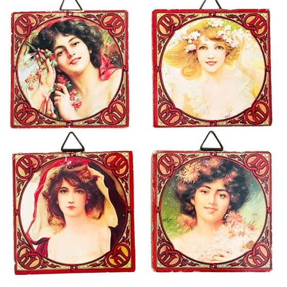 Image 1 of Vintage Art Nouveau set of portraits in the Mucha style, small paintings, 1980s