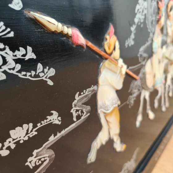 Image 1 of Vintage Chinoiserie black lacquered wall panel with mother-of-pearl inlay