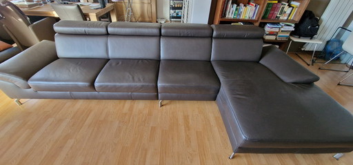 Montel Brown Leather 5-Seater Sofa With Chaise Longue