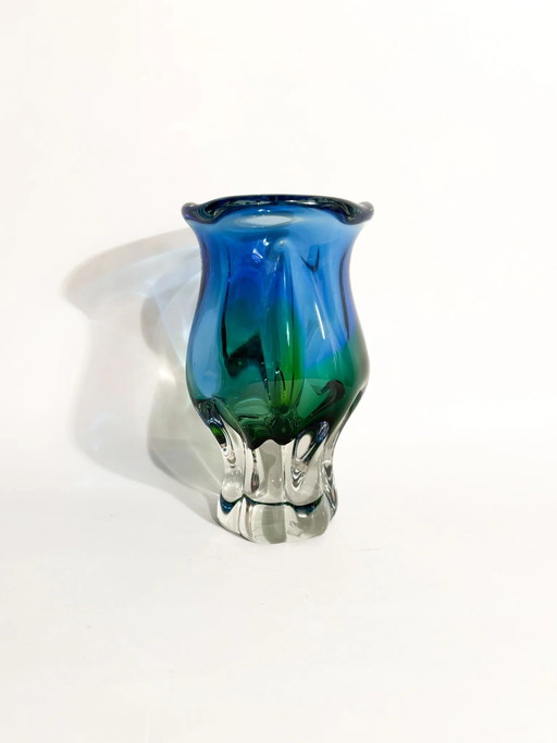 Jarrón de cristal Murano Sommerso azul y verde, estilo vintage de los años 70 – vazen, Glass