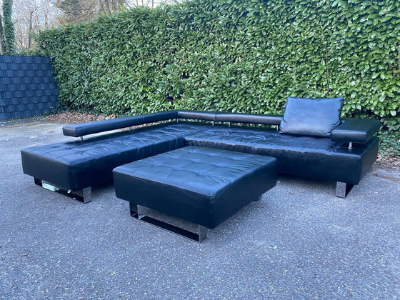 Image 1 of Montèl Cipriani design hoekbank zwart leer met hocker – Iconisch Nederlands design – Premium zwart lederen comfort