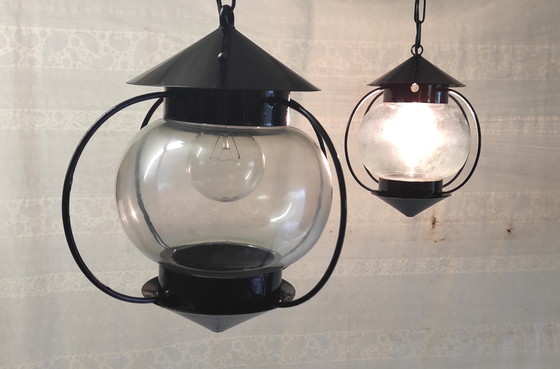 Image 1 of Lantern-style pendant light in metal and glass - 1950s
