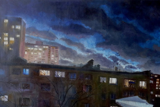 Original Ölgemälde Moderne Kunst Symbolismus Nachtstadt Neujahr – Gemälde & Zeichnungen, Canvas (photo 4 of 7)