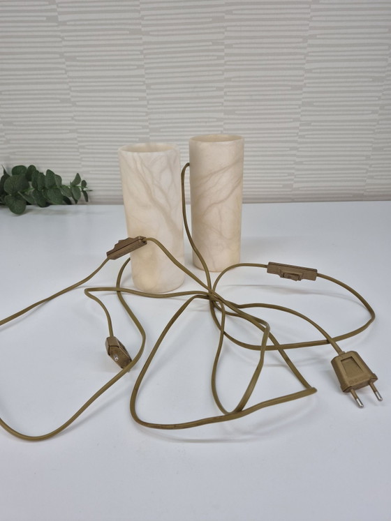 Set vintage (2) lampade a cilindro in alabastro spagnolo., Lampade da tavolo, Pietra, Beige (foto 9 di 10)