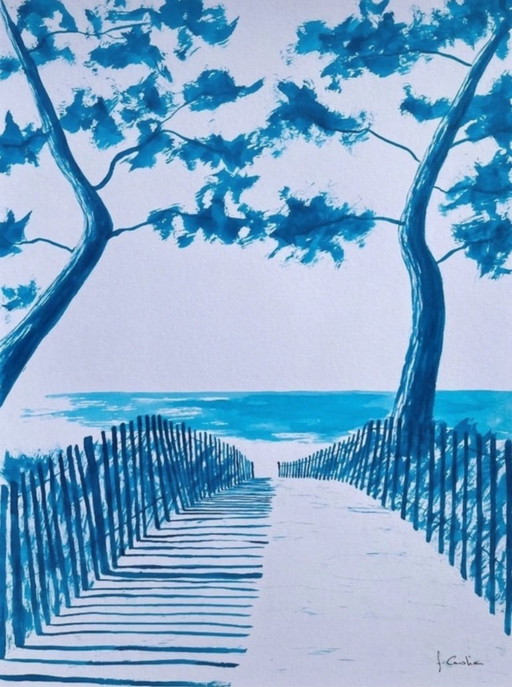 Blauwe Oost-Indische inkt op 300g fabriano papier.  Formaat 40x30cm.