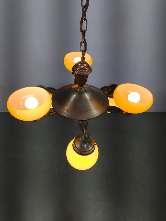 Image 1 of Lustre Art Déco tchèque en laiton et verre crème, années 1920